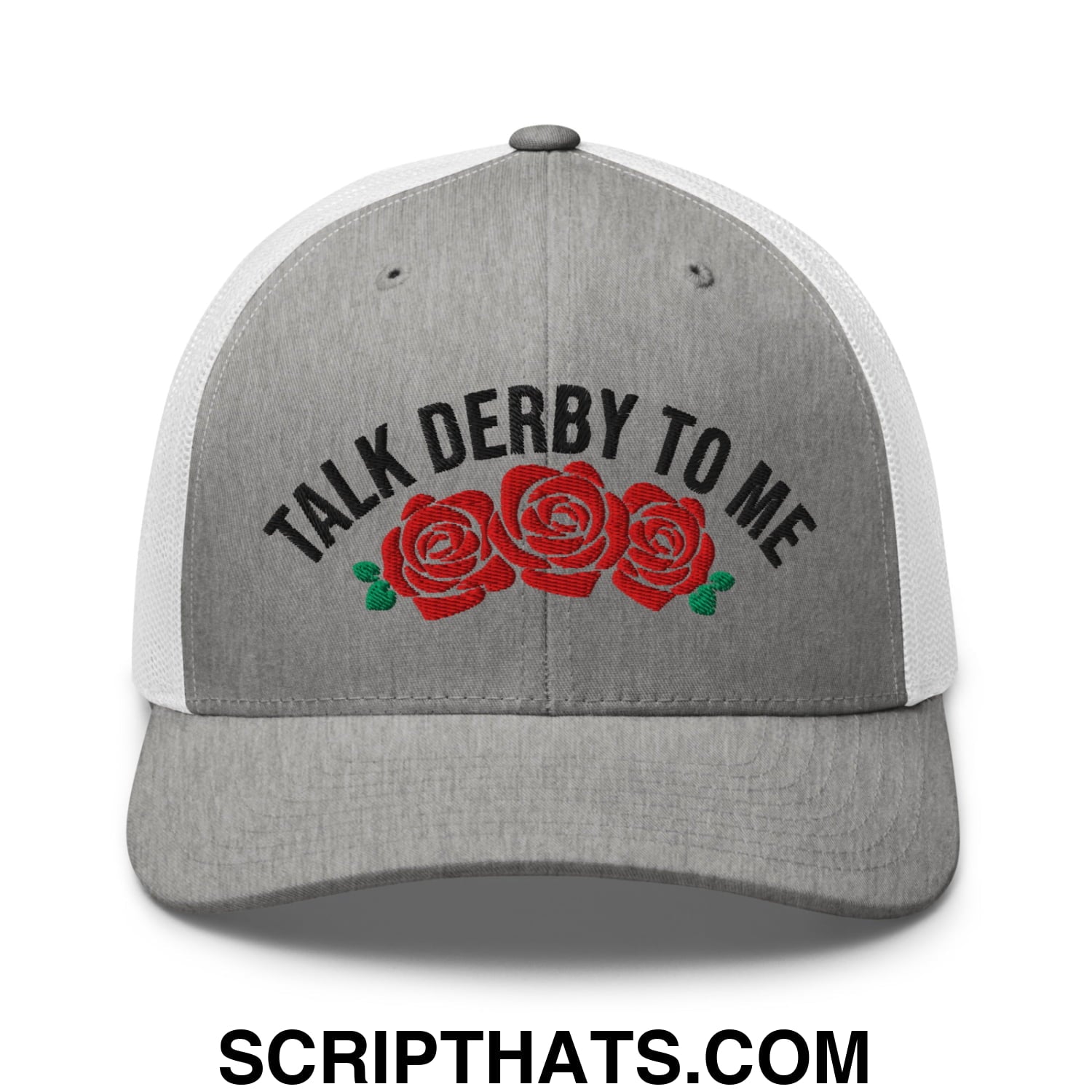 Talk Derby to Me Embroidered Mesh Trucker Hat Heather Grey White