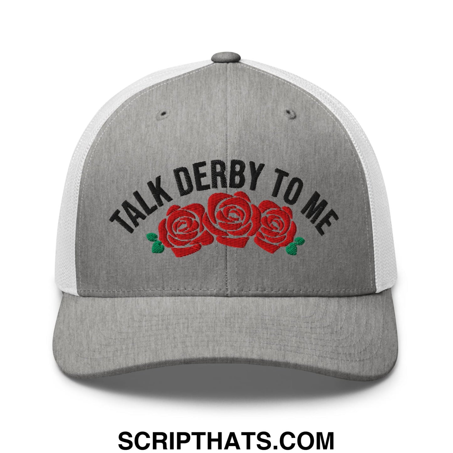 Talk Derby to Me Embroidered Mesh Trucker Hat Heather Grey White