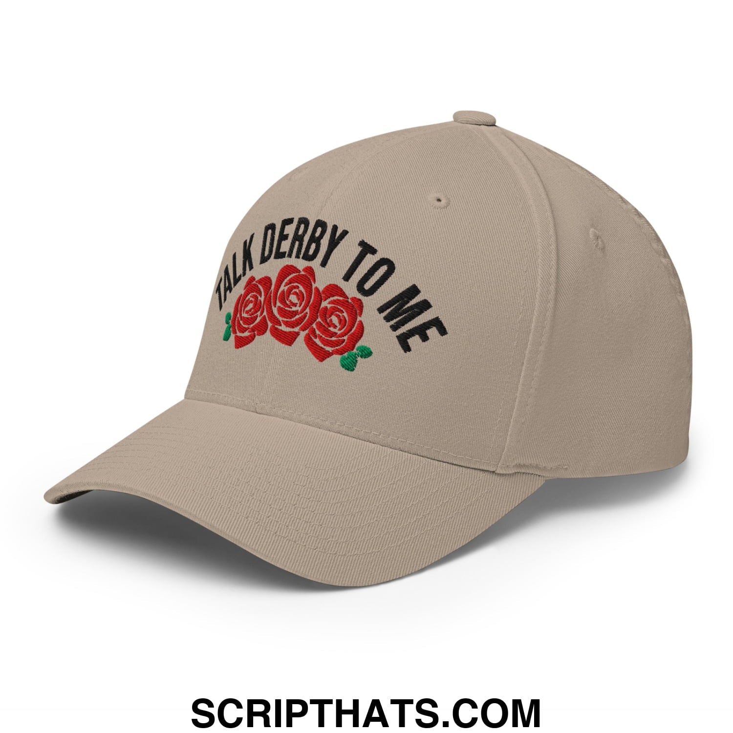Beige stretch fit golf hat with embroidered black talk derby to me text and red rose design for derby fans