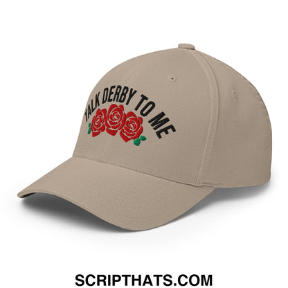 Beige stretch fit golf hat with embroidered black talk derby to me text and red rose design for derby fans