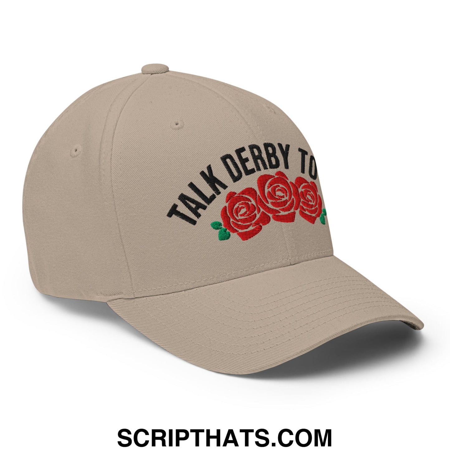 Beige stretch fit golf hat with black talk derby to text and three red roses embroidered on front