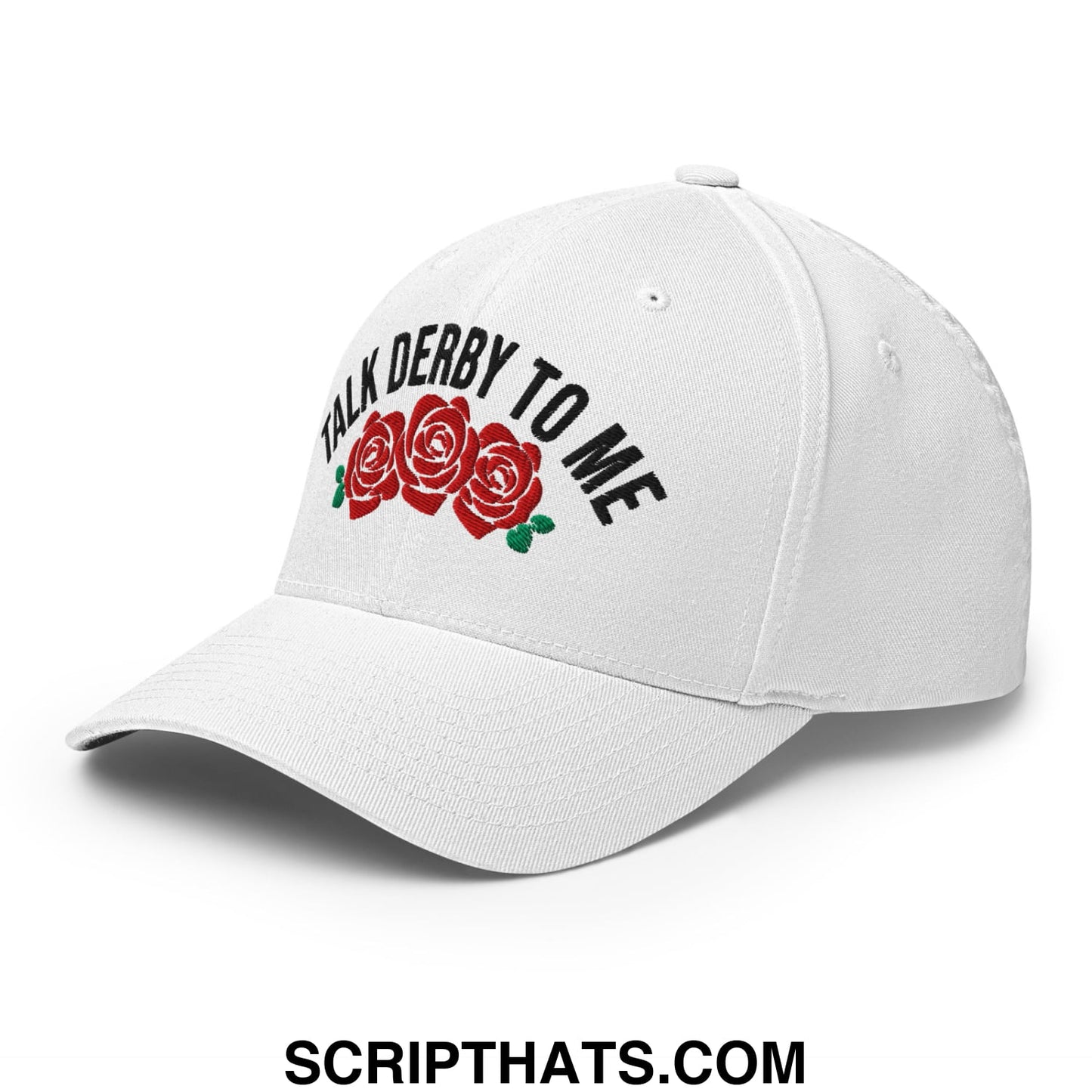 White stretch fit golf hat with embroidered black talk derby to me text and red roses with green leaves design