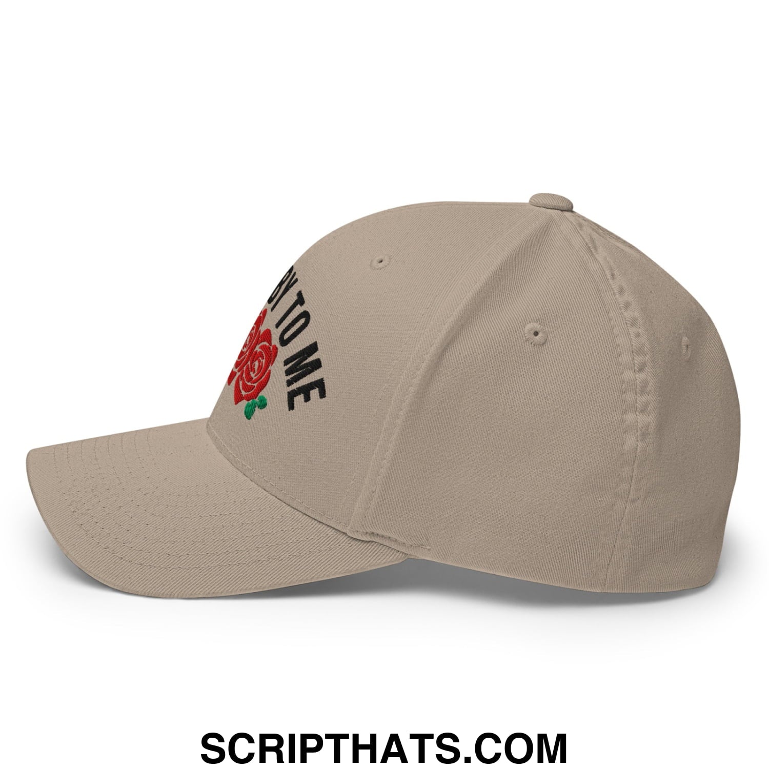 Beige stretch fit golf hat with embroidered red rose and black text reading how to me titled talk derby to me