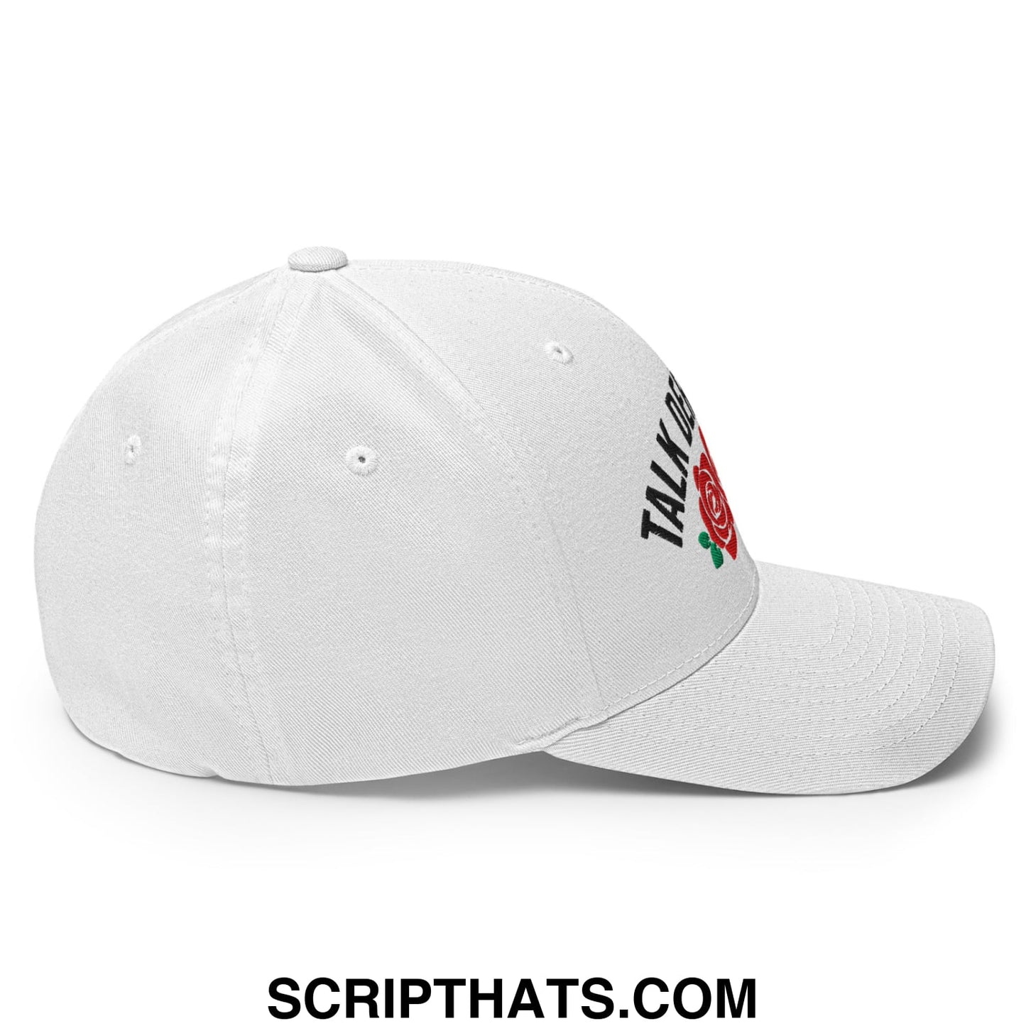 White stretch fit golf hat with talk or embroidered text and red rose design titled talk derby to me