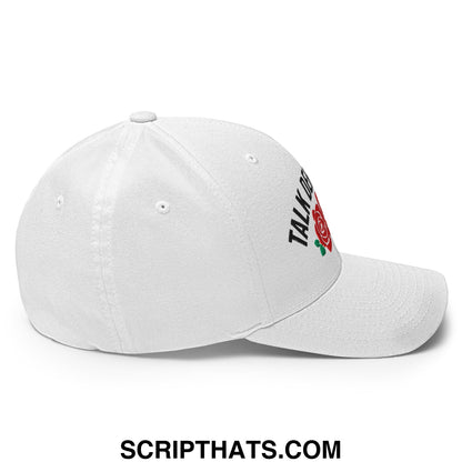 White stretch fit golf hat with talk or embroidered text and red rose design titled talk derby to me