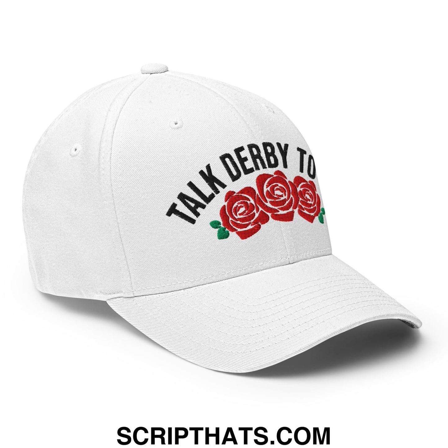 White stretch fit golf hat with talk derby to embroidered in black above three red roses with green leaves