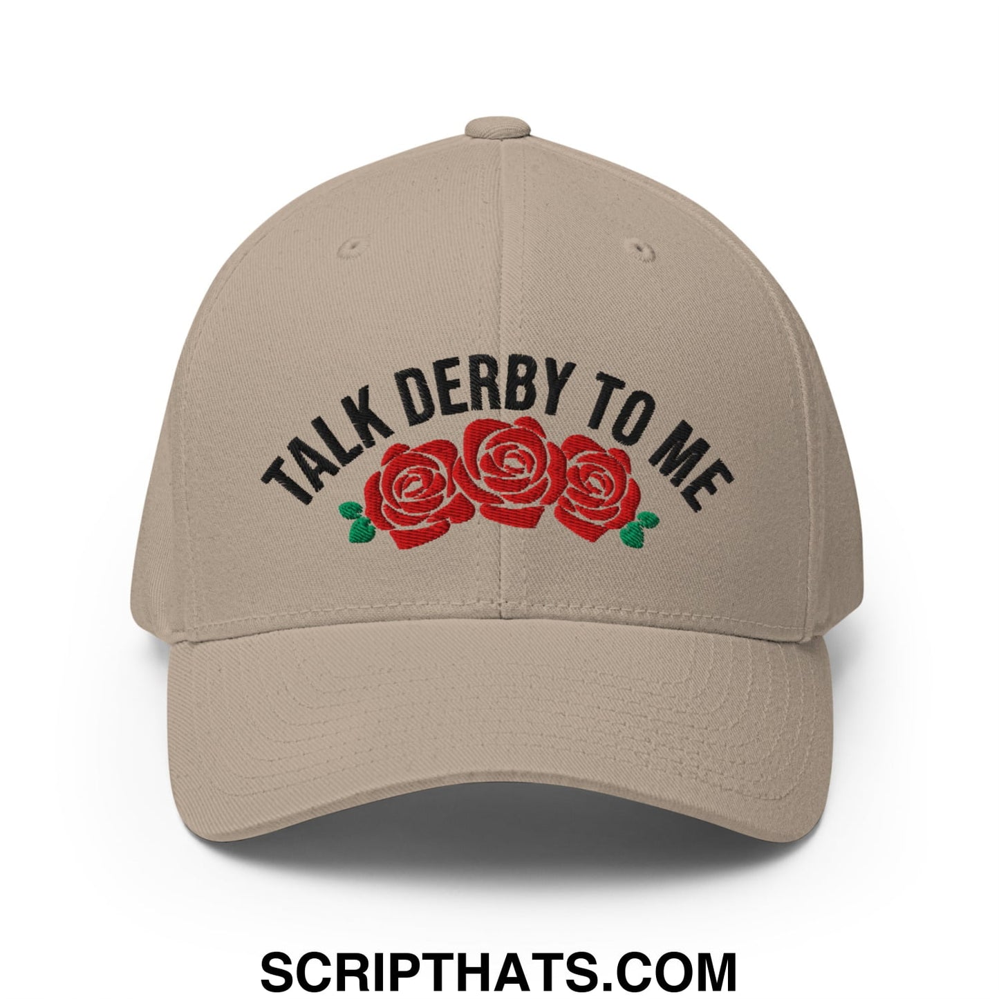 Beige stretch fit golf hat with black talk derby to me embroidery and red rose design on front