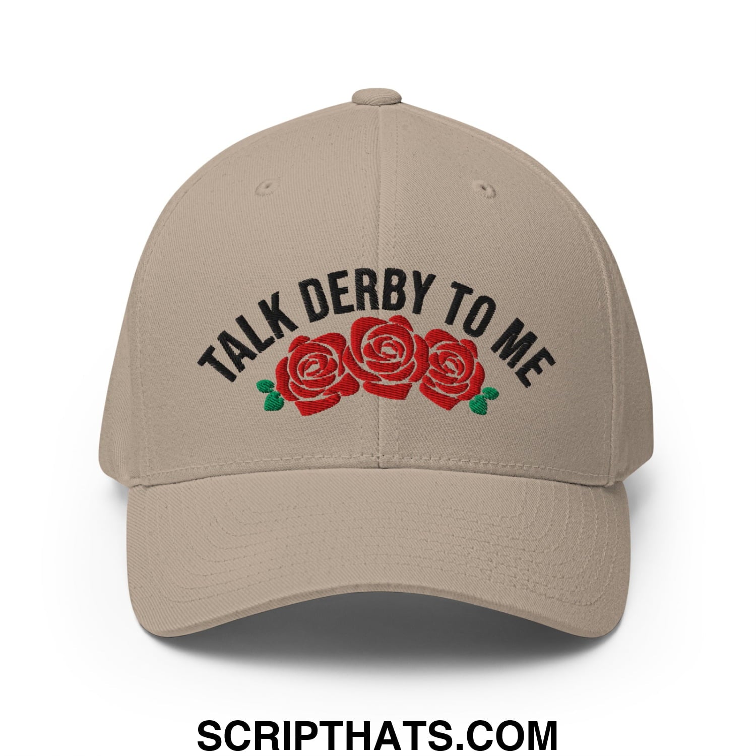 Beige stretch fit golf hat with black talk derby to me embroidery and red rose design on front