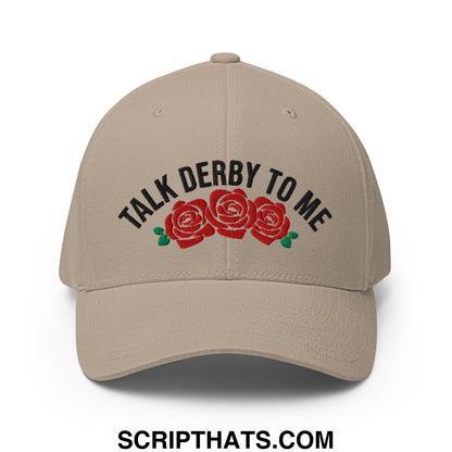 Beige stretch fit golf hat with black talk derby to me embroidery and red rose design on front
