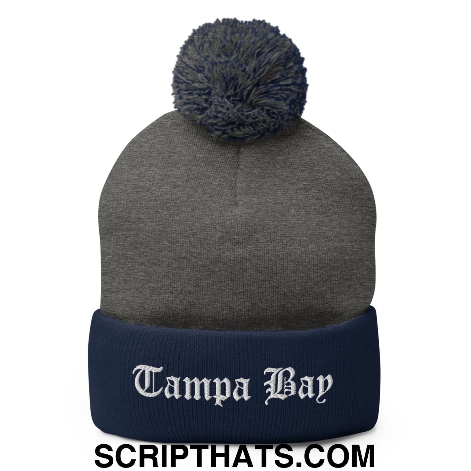 Tampa Bay Old English Embroidered Knit Pom Pom Beanie Dark Heather Grey Navy