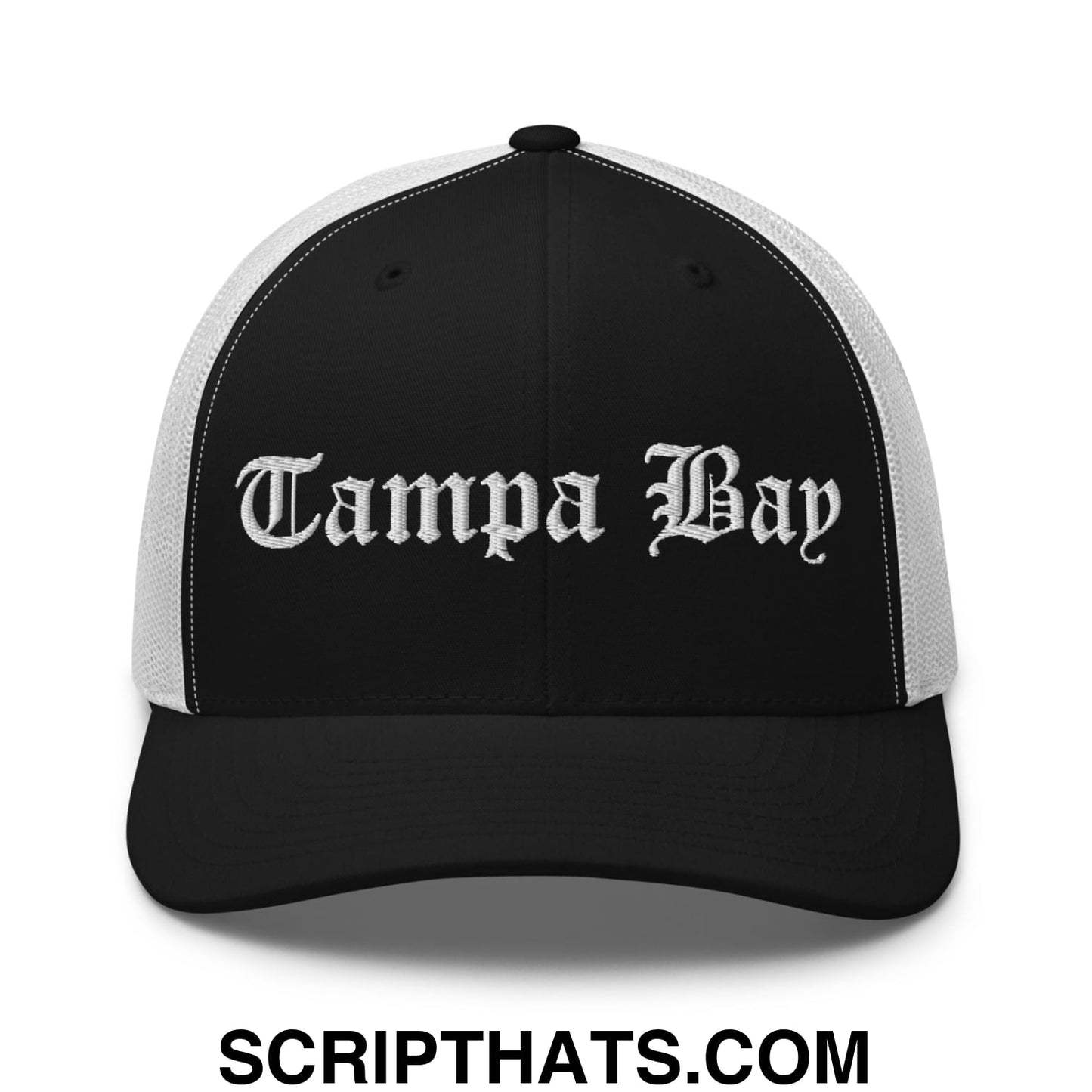 Tampa Bay Old English Embroidered Mesh Trucker Hat Black White