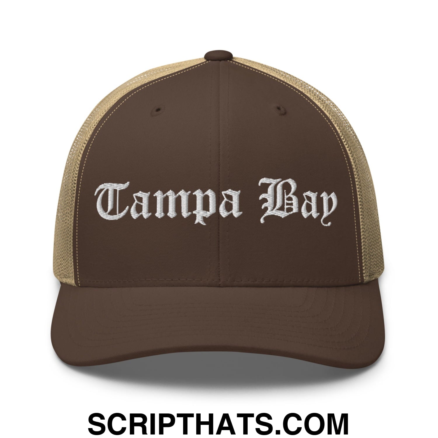 Tampa Bay Old English Embroidered Mesh Trucker Hat Brown Khaki