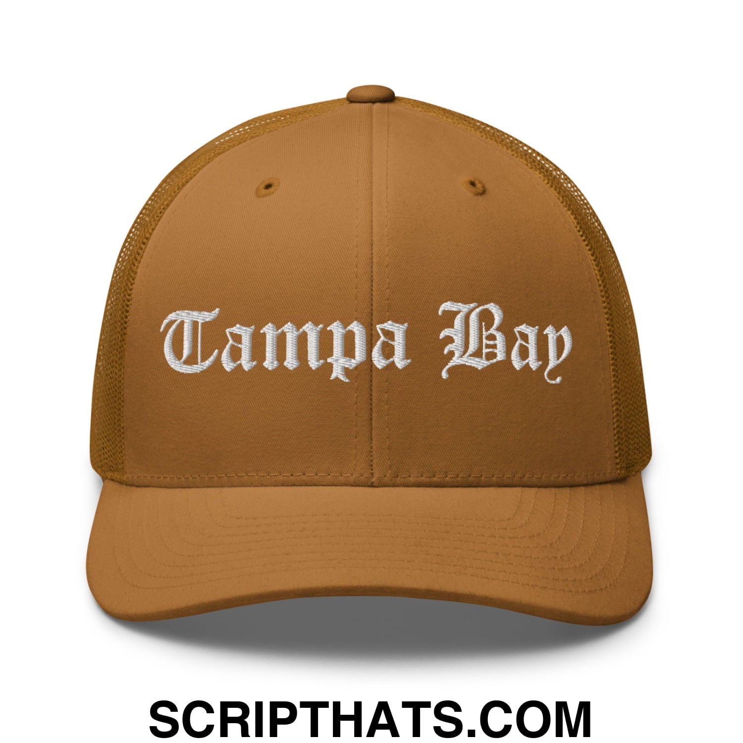 Tampa Bay Old English Embroidered Mesh Trucker Hat Caramel