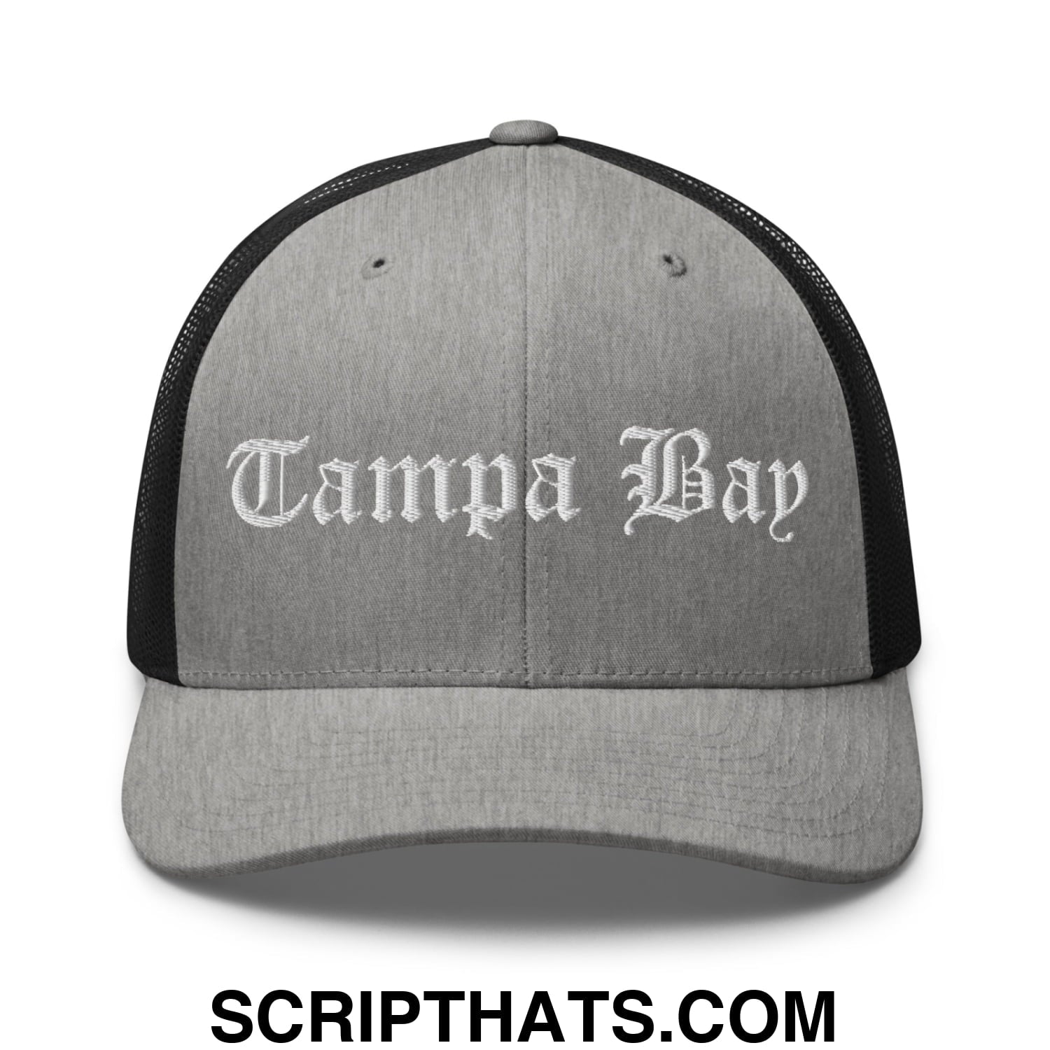 Tampa Bay Old English Embroidered Mesh Trucker Hat Heather Black