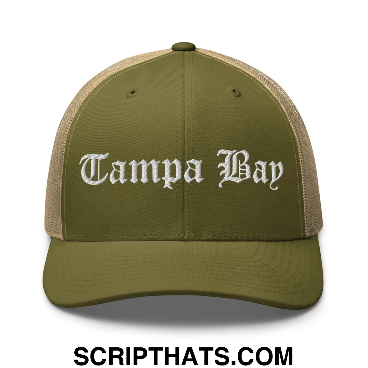 Tampa Bay Old English Embroidered Mesh Trucker Hat Moss Khaki