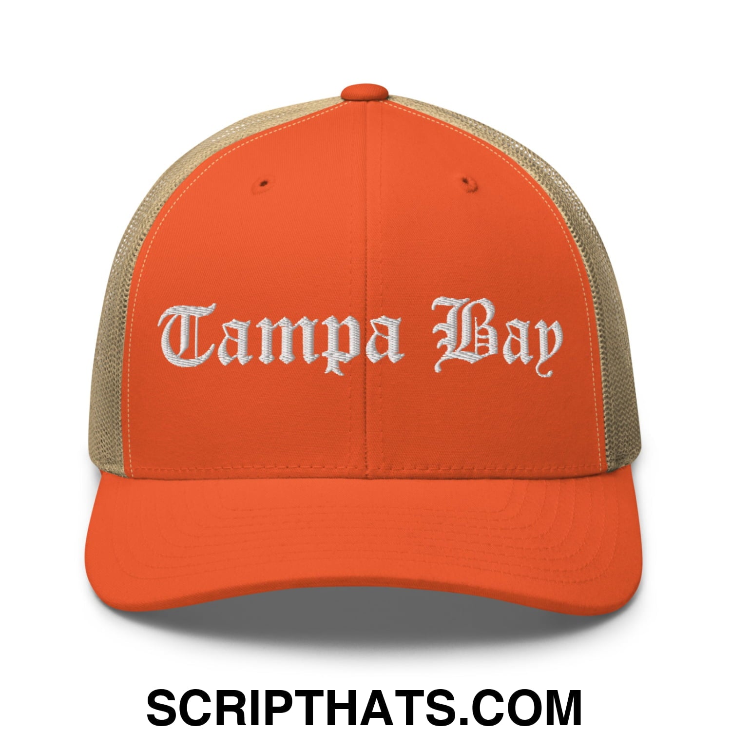 Tampa Bay Old English Embroidered Mesh Trucker Hat Rustic Orange Khaki
