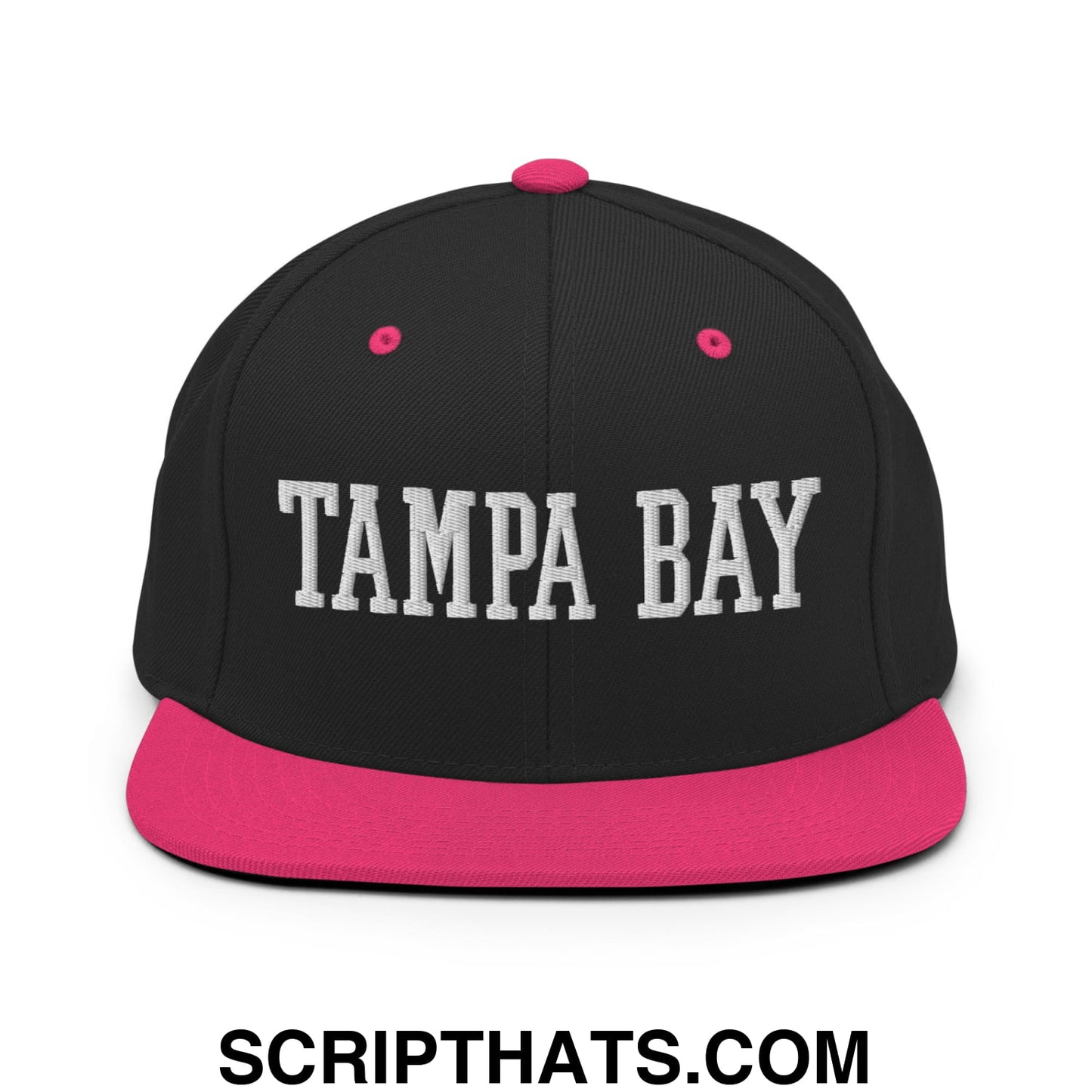 Tampa Bay Varsity College Block Embroidered Flat Bill Brim Snapback Hat Black Neon Pink