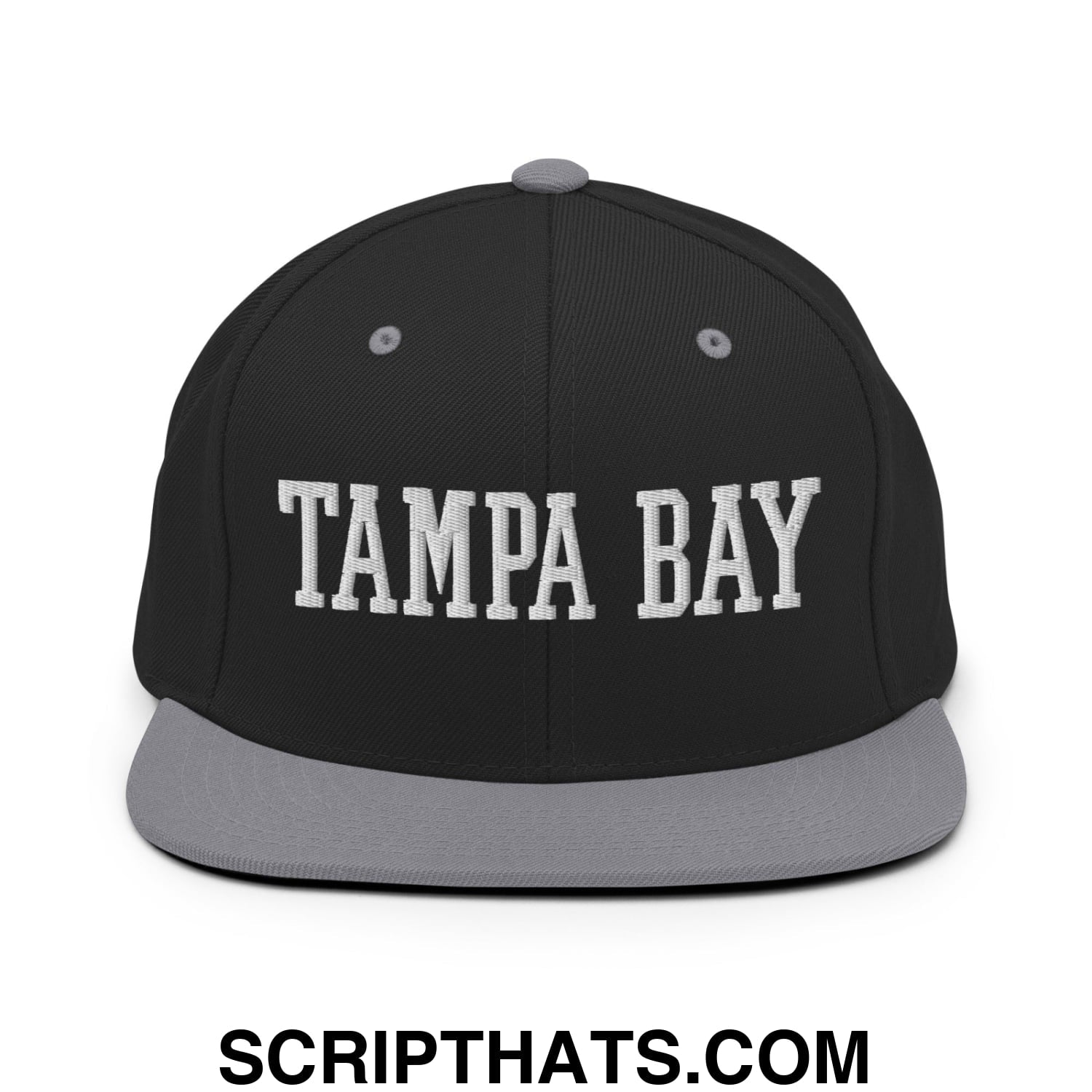 Tampa Bay Varsity College Block Embroidered Flat Bill Brim Snapback Hat Black Silver