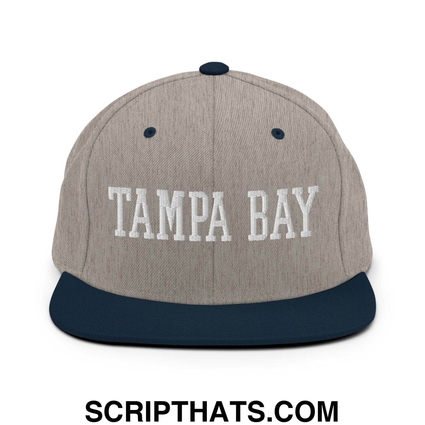 Tampa Bay Varsity College Block Embroidered Flat Bill Brim Snapback Hat Heather Grey Navy