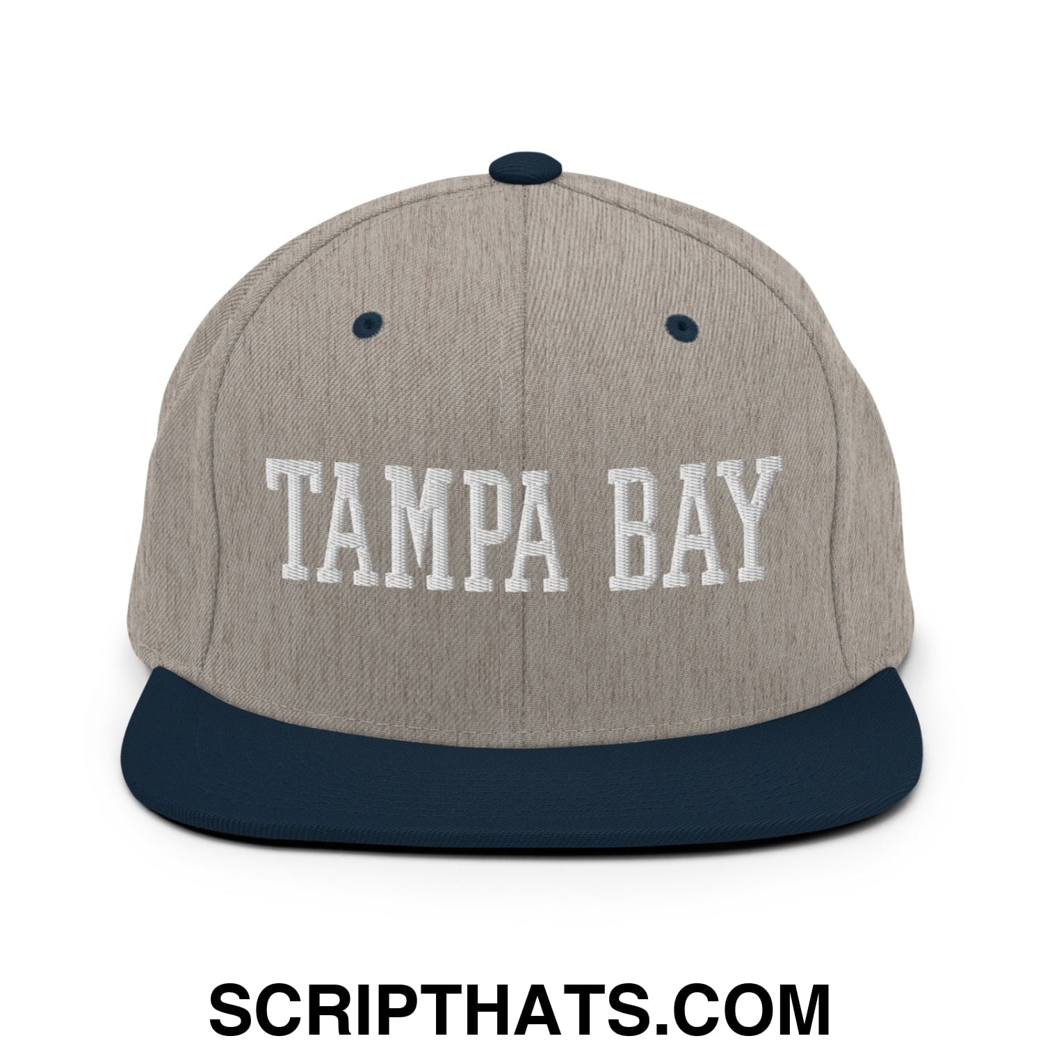 Tampa Bay Varsity College Block Embroidered Flat Bill Brim Snapback Hat Heather Grey Navy