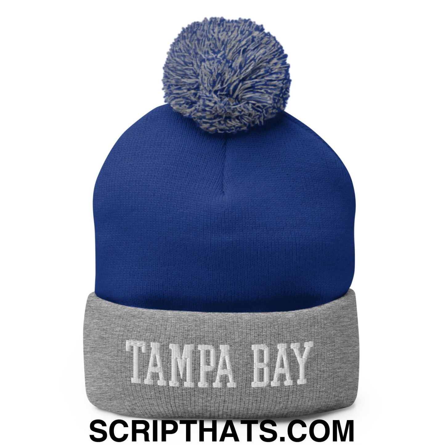 Tampa Bay Varsity College Block Embroidered Knit Pom Pom Beanie Royal Heather Grey