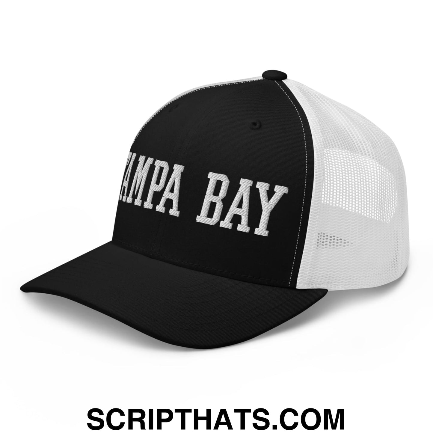 Tampa Bay Varsity College Block Embroidered Mesh Trucker Hat Black White