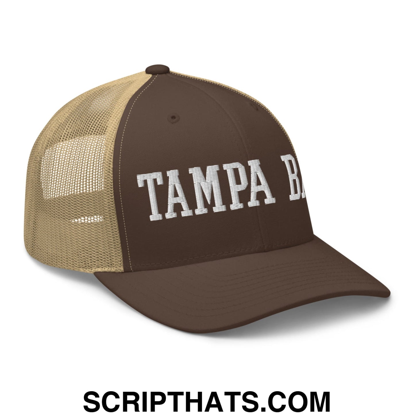Tampa Bay Varsity College Block Embroidered Mesh Trucker Hat Brown Khaki