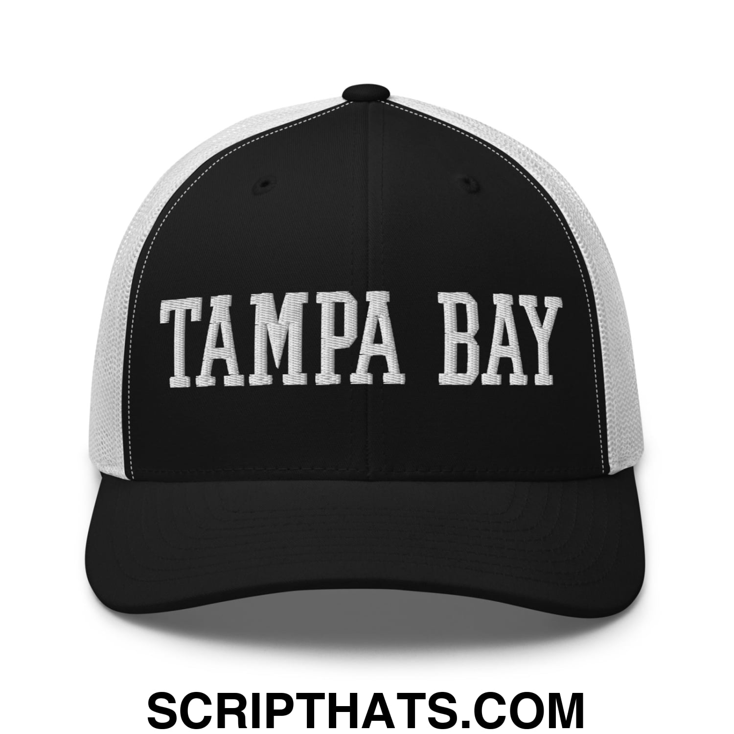 Tampa Bay Varsity College Block Embroidered Mesh Trucker Hat Black White