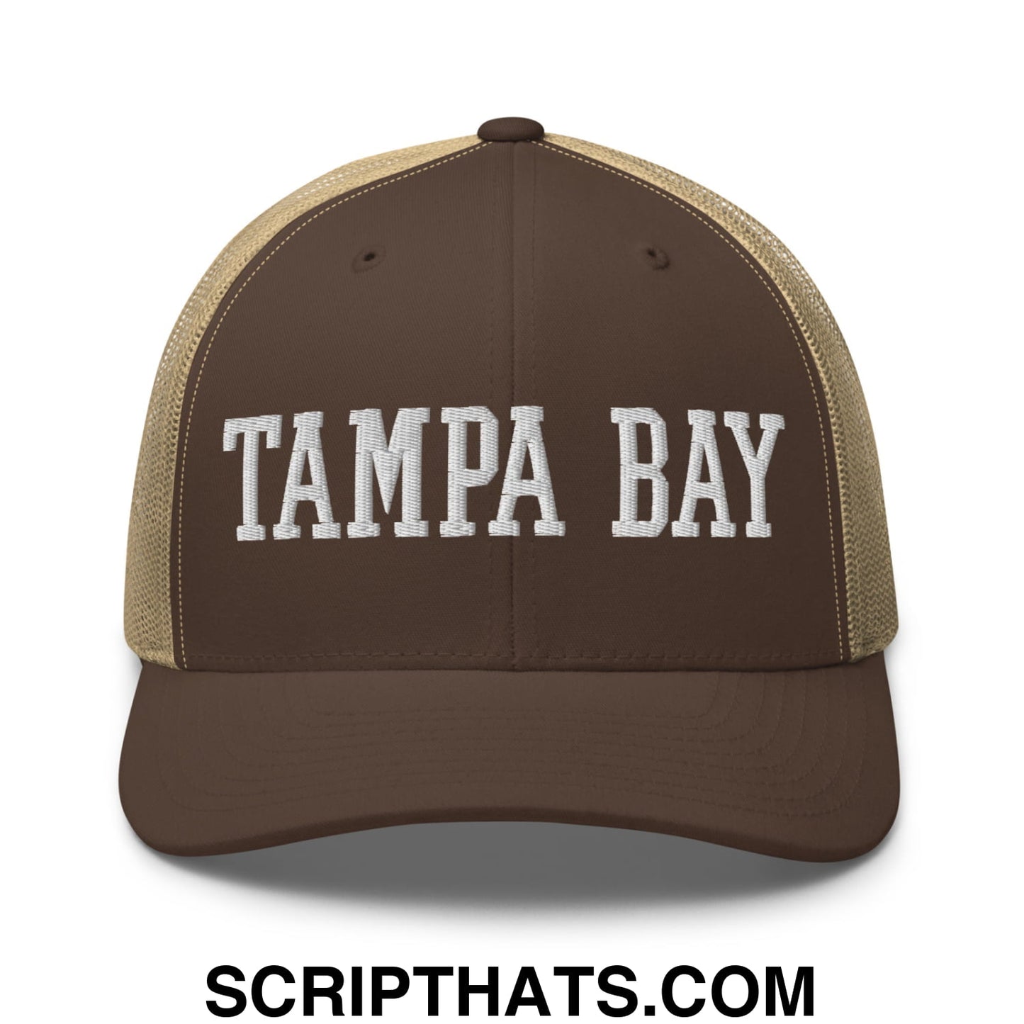 Tampa Bay Varsity College Block Embroidered Mesh Trucker Hat Brown Khaki