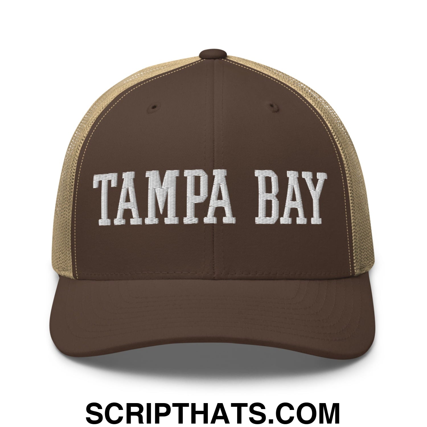 Tampa Bay Varsity College Block Embroidered Mesh Trucker Hat Brown Khaki