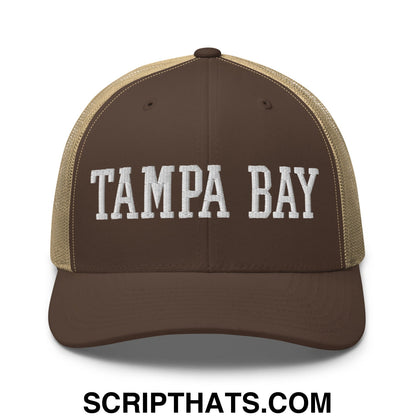 Tampa Bay Varsity College Block Embroidered Mesh Trucker Hat Brown Khaki