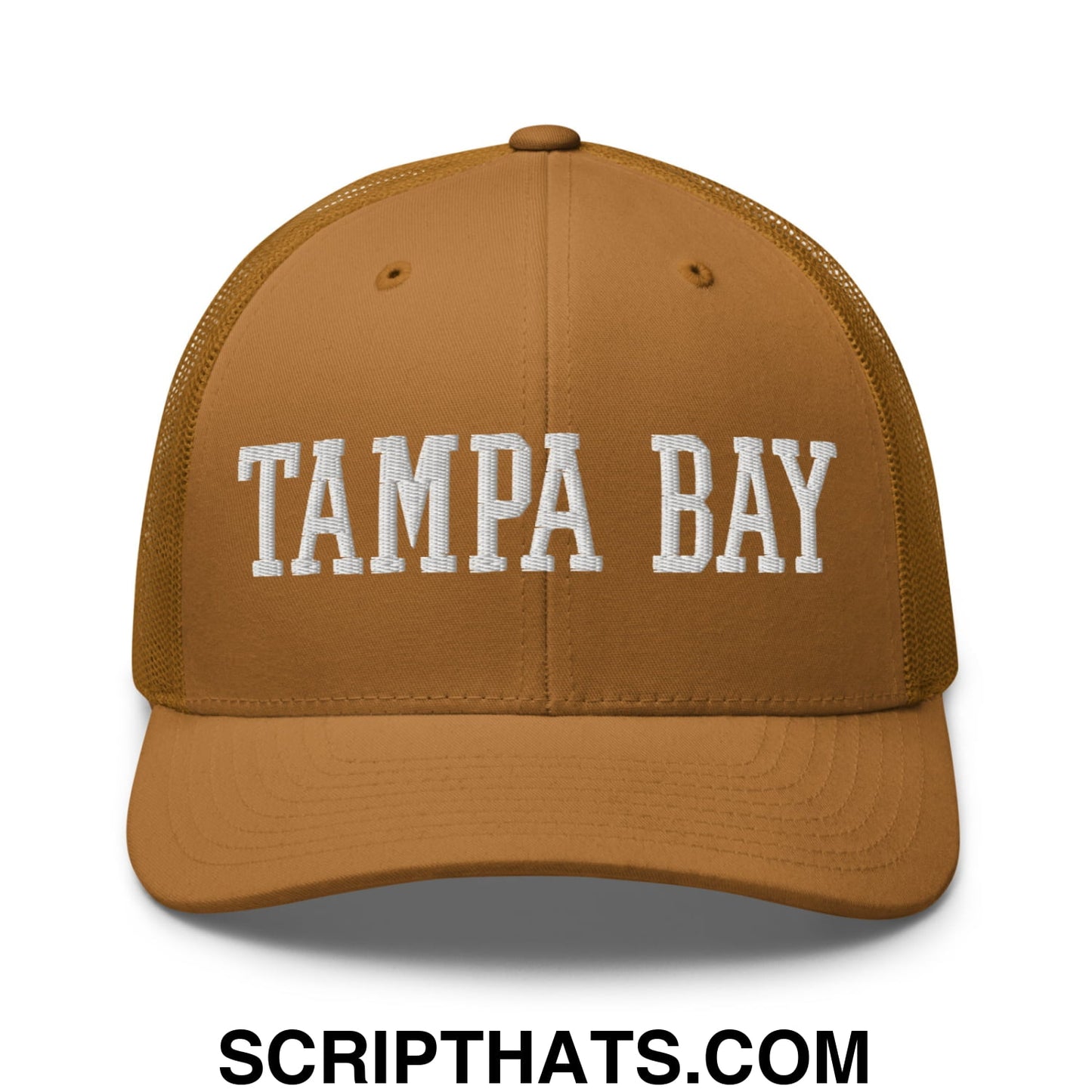Tampa Bay Varsity College Block Embroidered Mesh Trucker Hat Caramel