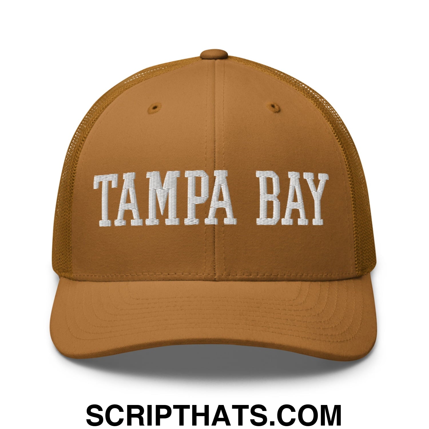 Tampa Bay Varsity College Block Embroidered Mesh Trucker Hat Caramel