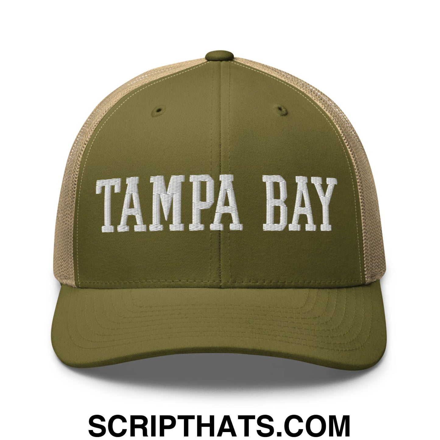 Tampa Bay Varsity College Block Embroidered Mesh Trucker Hat Moss Khaki