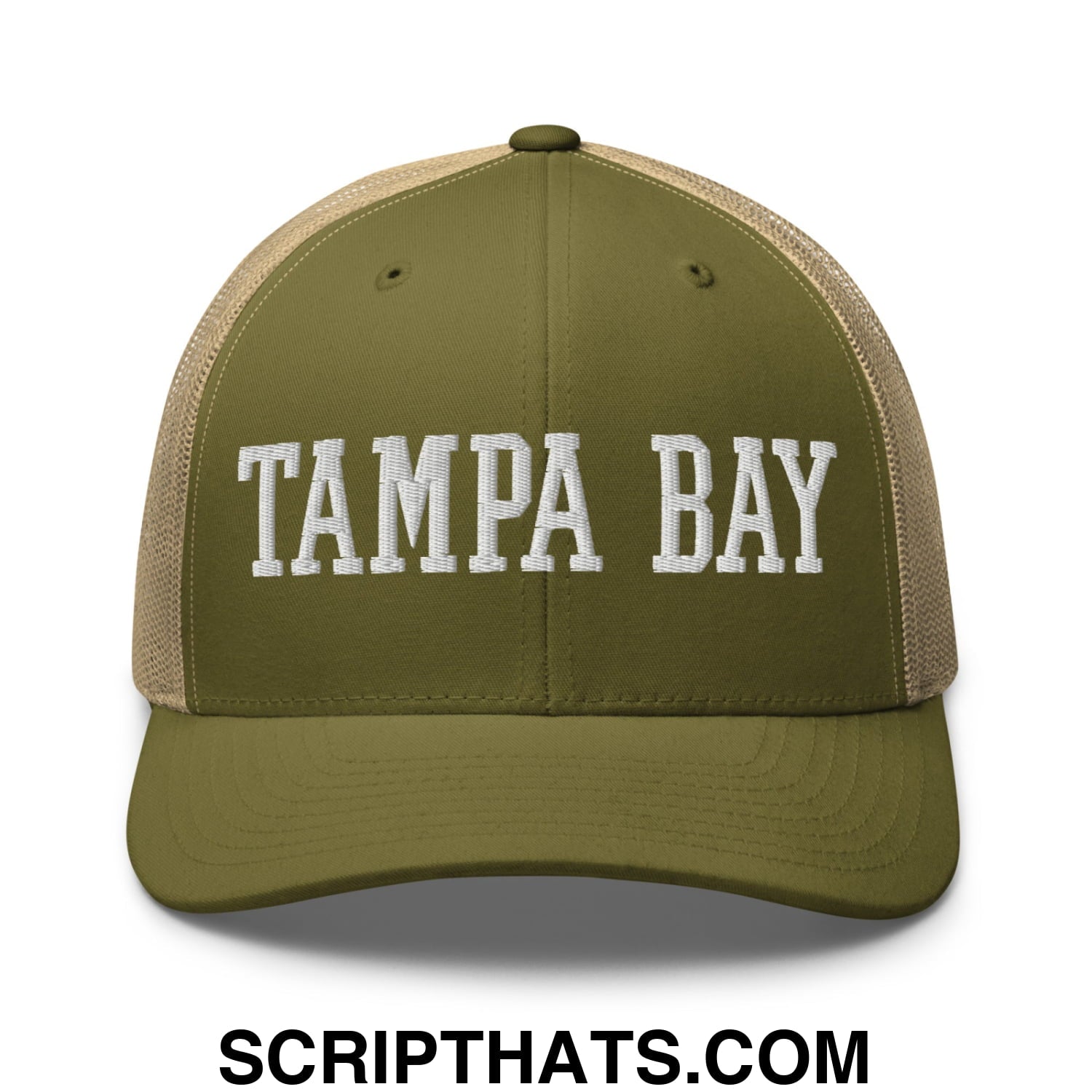 Tampa Bay Varsity College Block Embroidered Mesh Trucker Hat Moss Khaki