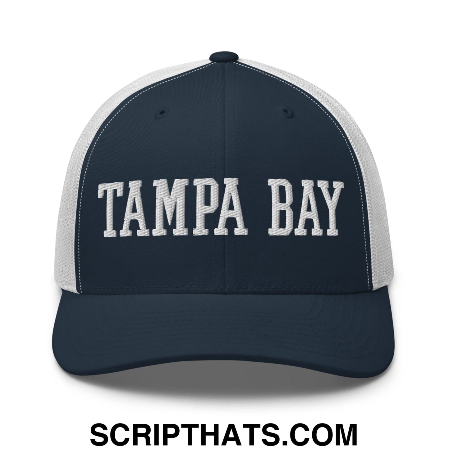 Tampa Bay Varsity College Block Embroidered Mesh Trucker Hat Navy White