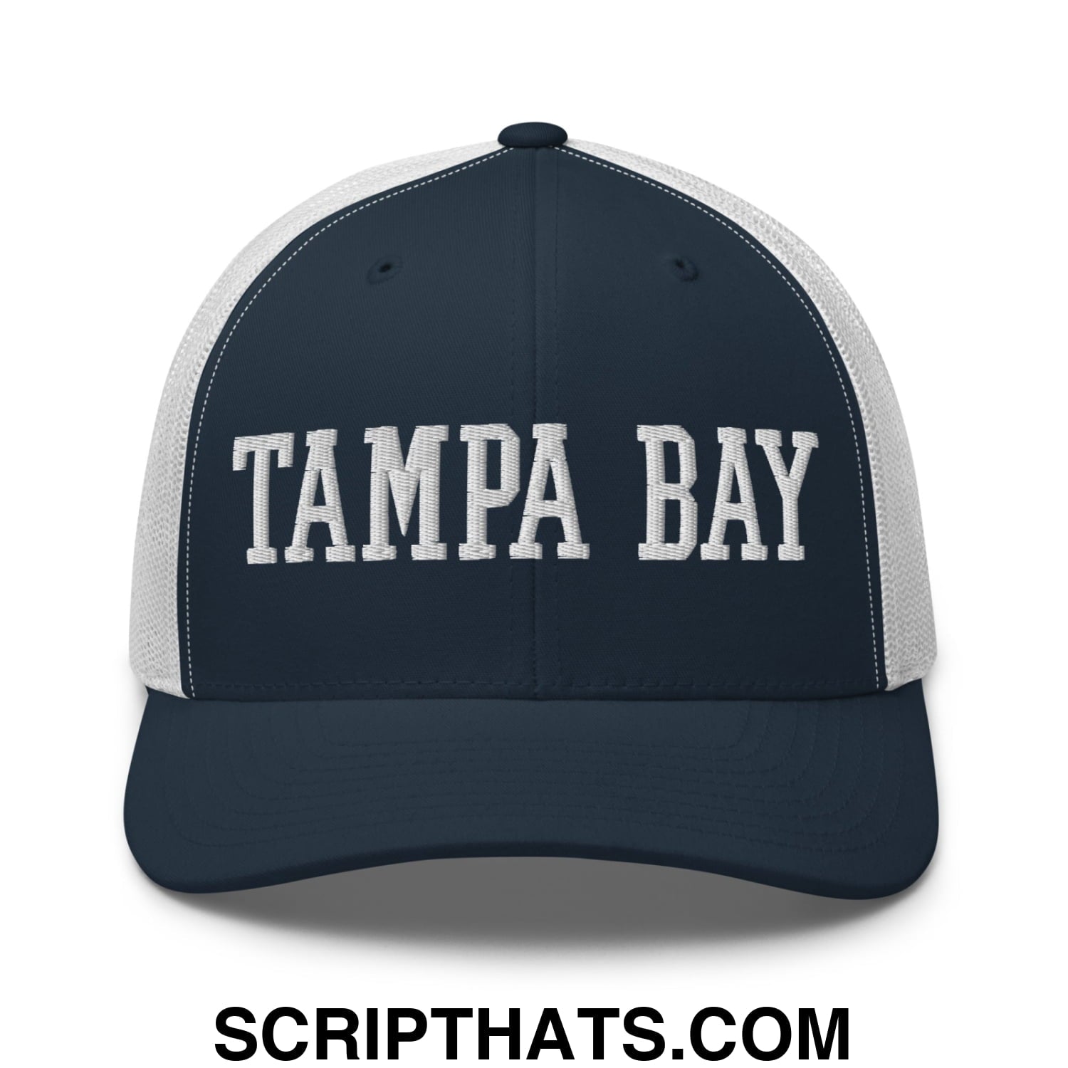 Tampa Bay Varsity College Block Embroidered Mesh Trucker Hat Navy White