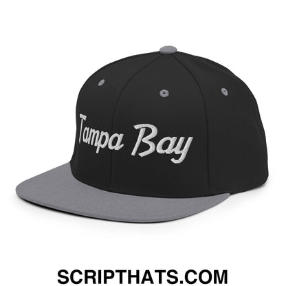 Tampa Bay Vintage Sports Script Embroidered Flat Bill Brim Snapback Hat Black Silver