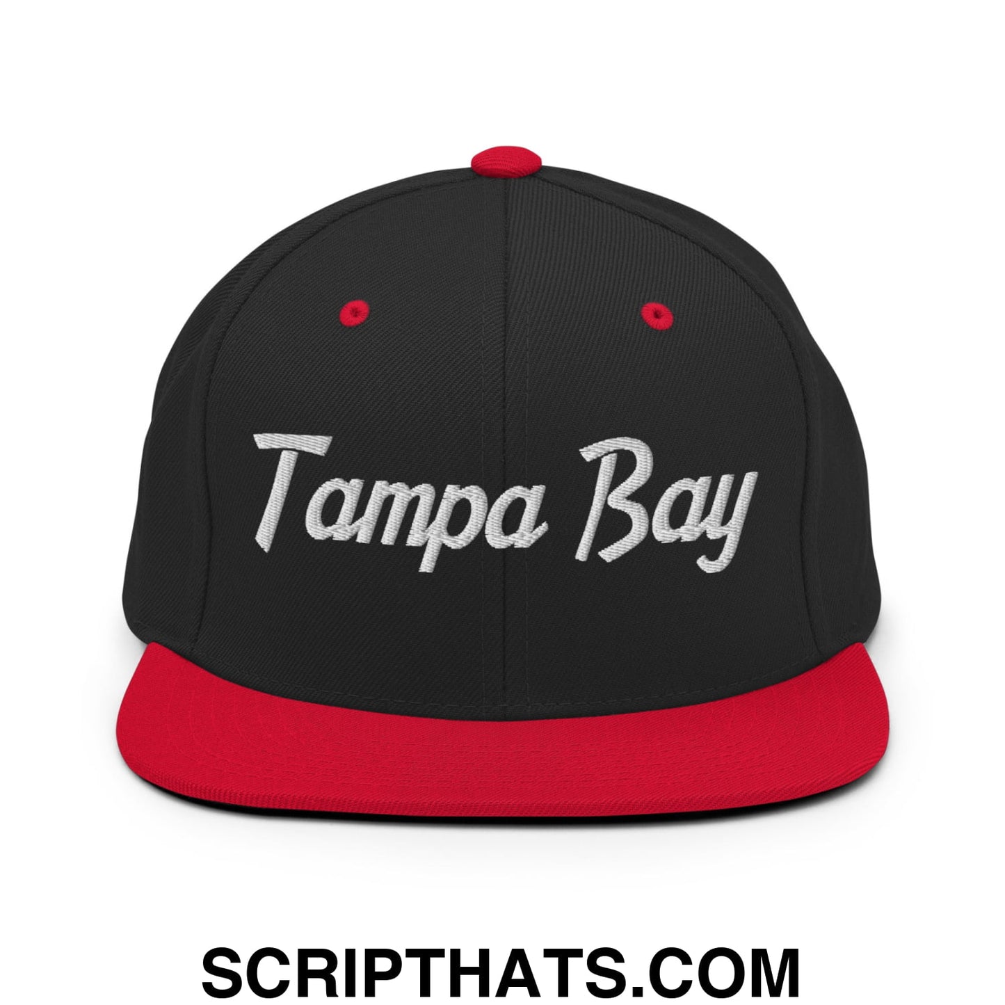 Tampa Bay Vintage Sports Script Embroidered Flat Bill Brim Snapback Hat Black Red