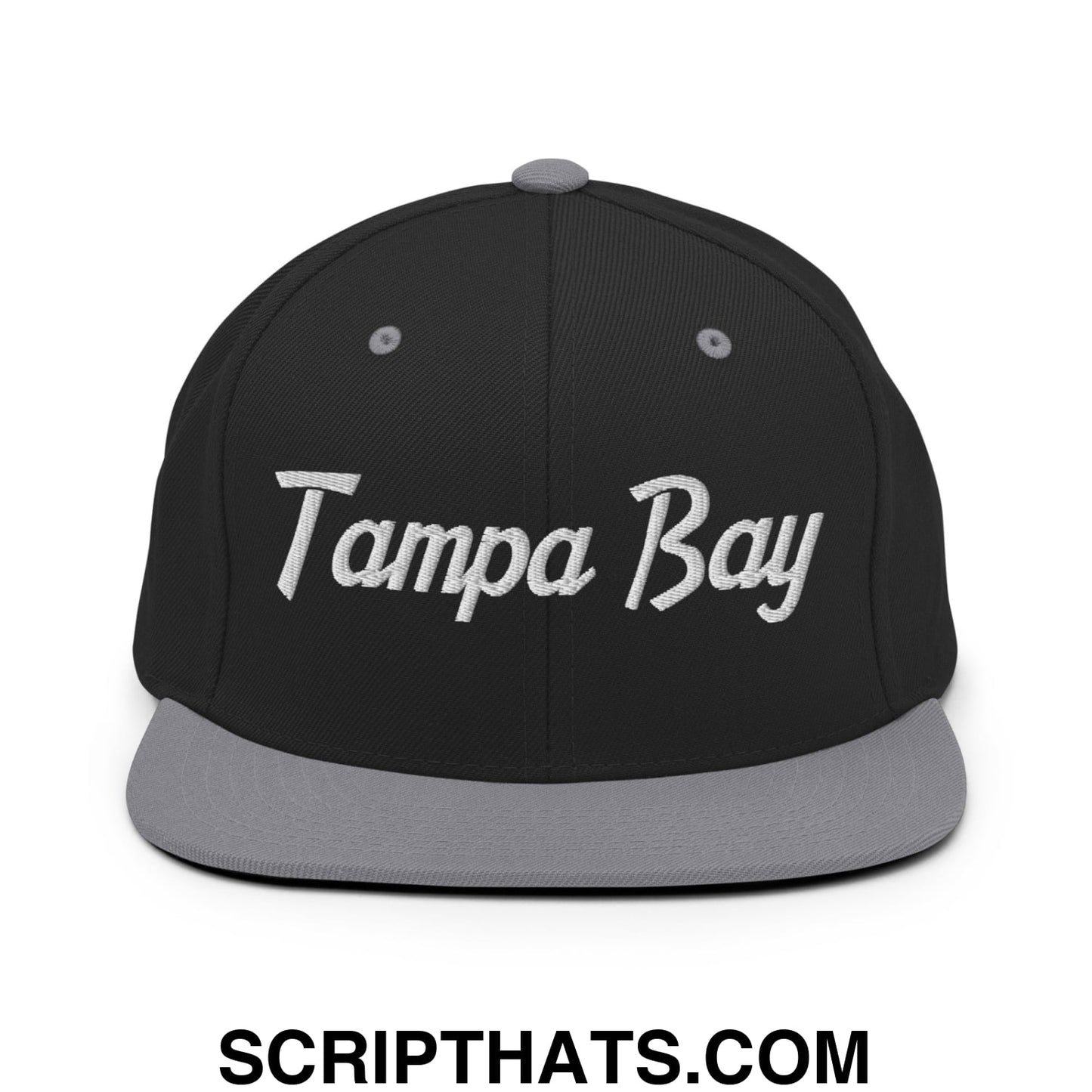 Tampa Bay Vintage Sports Script Embroidered Flat Bill Brim Snapback Hat Black Silver