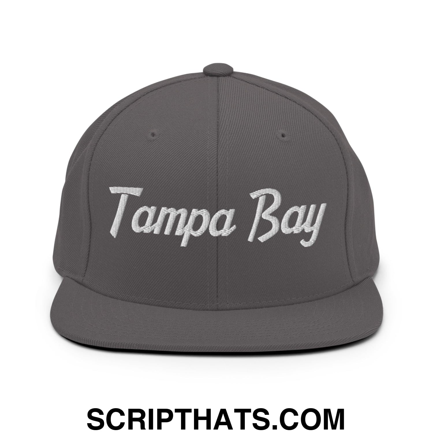 Tampa Bay Vintage Sports Script Embroidered Flat Bill Brim Snapback Hat Dark Grey