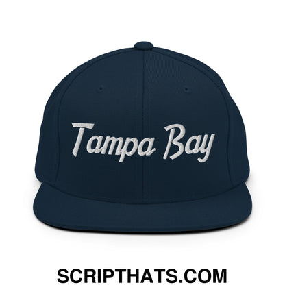 Tampa Bay Vintage Sports Script Embroidered Flat Bill Brim Snapback Hat Dark Navy