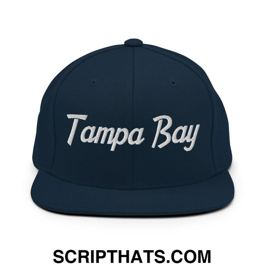 Tampa Bay Vintage Sports Script Embroidered Flat Bill Brim Snapback Hat Dark Navy