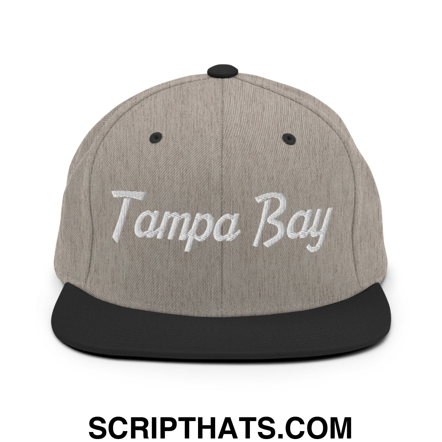 Tampa Bay Vintage Sports Script Embroidered Flat Bill Brim Snapback Hat Heather Black