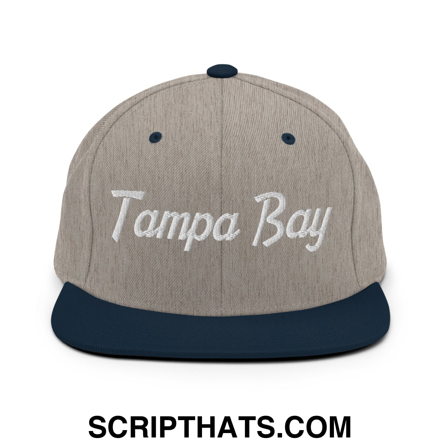 Tampa Bay Vintage Sports Script Embroidered Flat Bill Brim Snapback Hat Heather Grey Navy