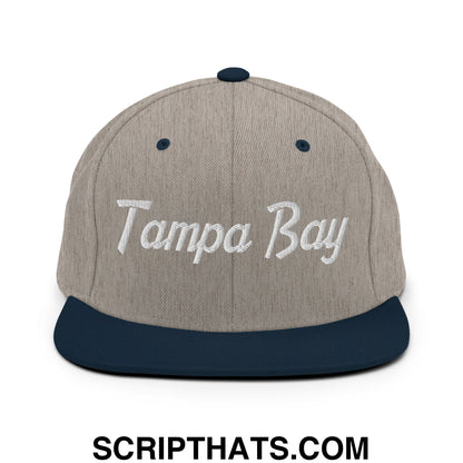 Tampa Bay Vintage Sports Script Embroidered Flat Bill Brim Snapback Hat Heather Grey Navy
