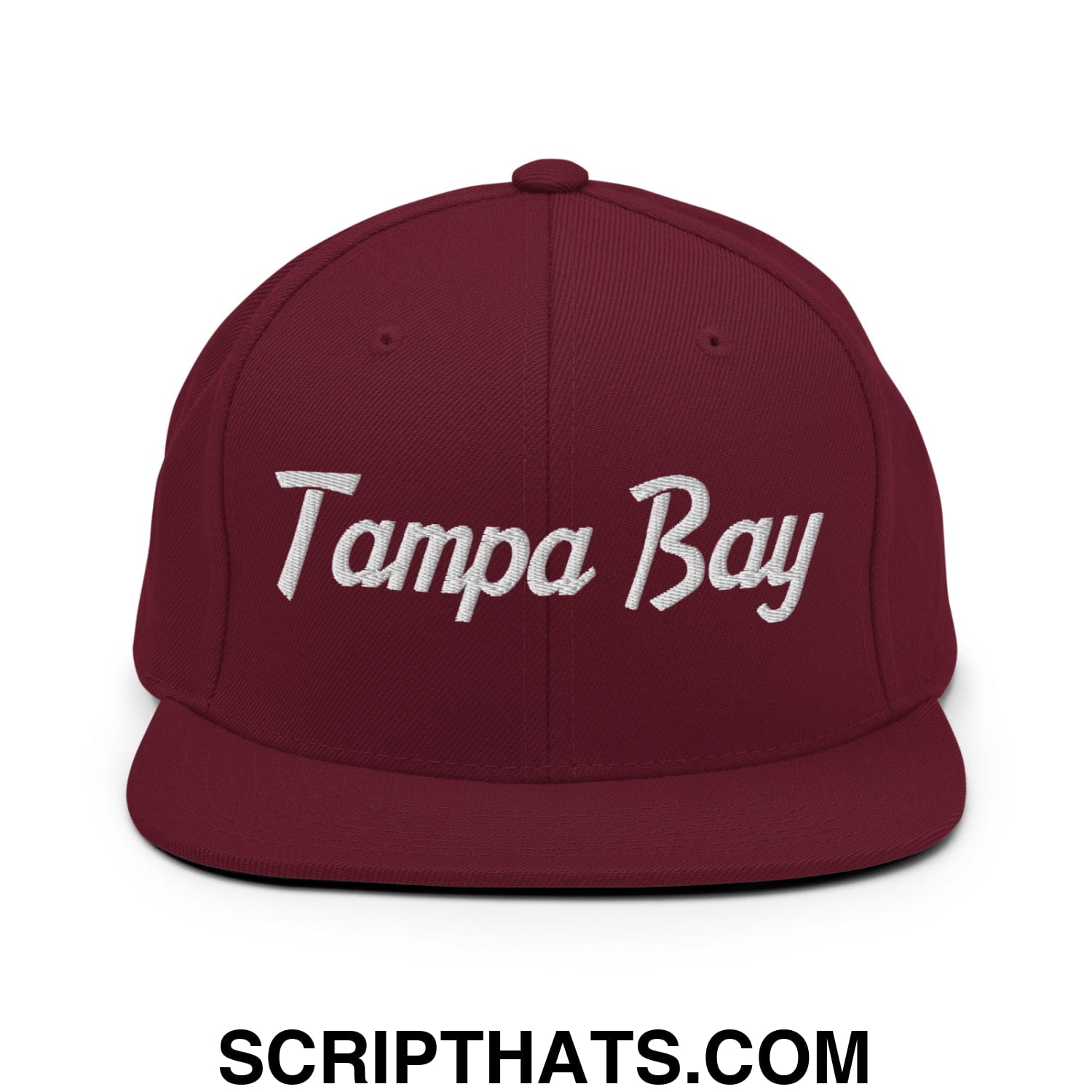 Tampa Bay Vintage Sports Script Embroidered Flat Bill Brim Snapback Hat Maroon