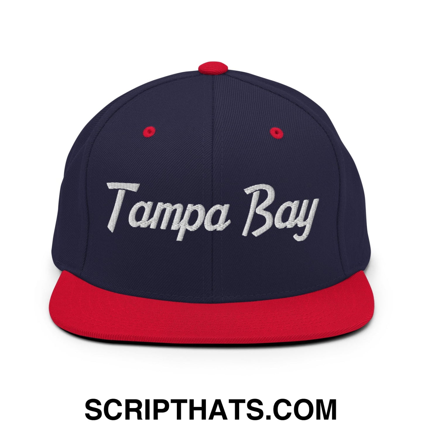 Tampa Bay Vintage Sports Script Embroidered Flat Bill Brim Snapback Hat Navy Red