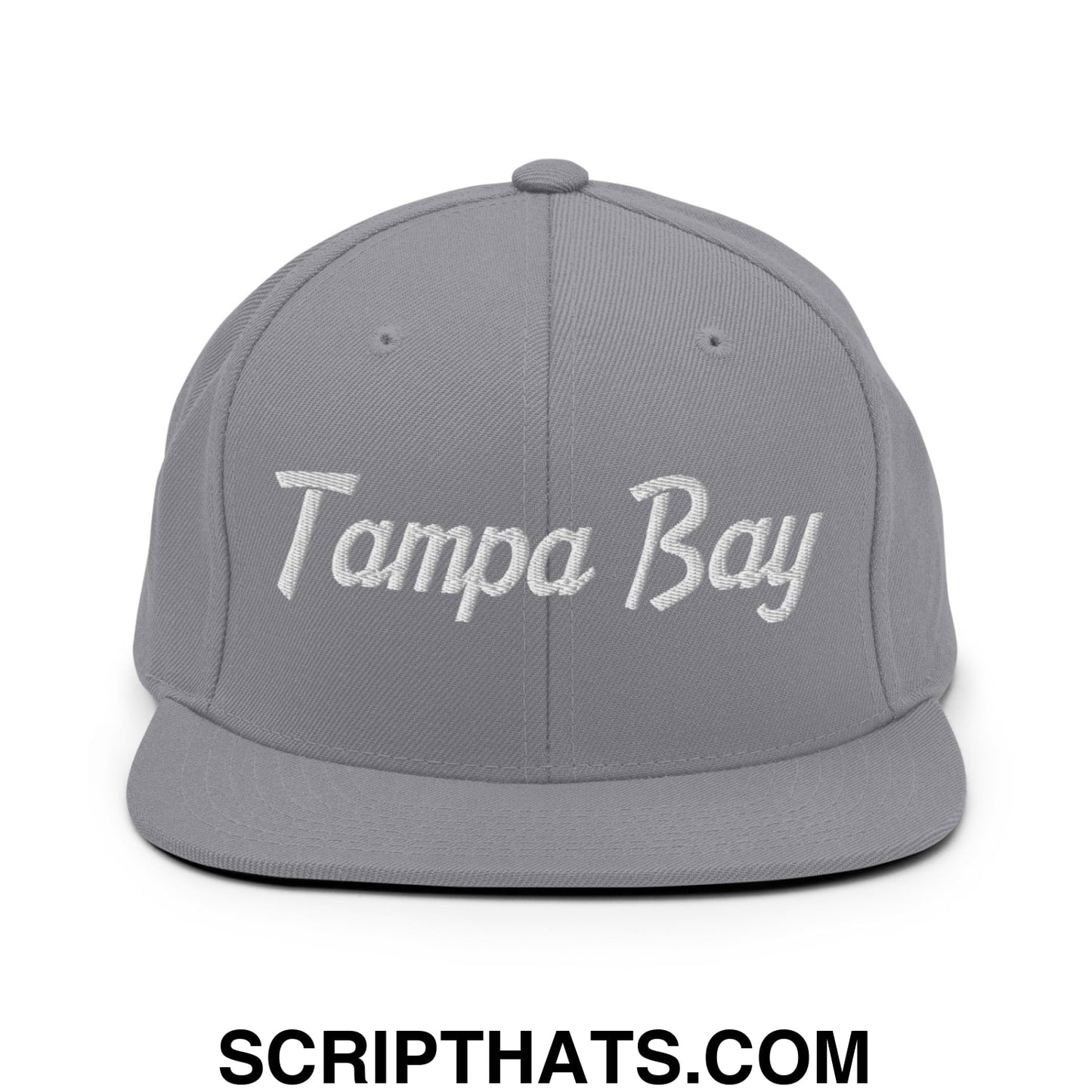 Tampa Bay Vintage Sports Script Embroidered Flat Bill Brim Snapback Hat Silver