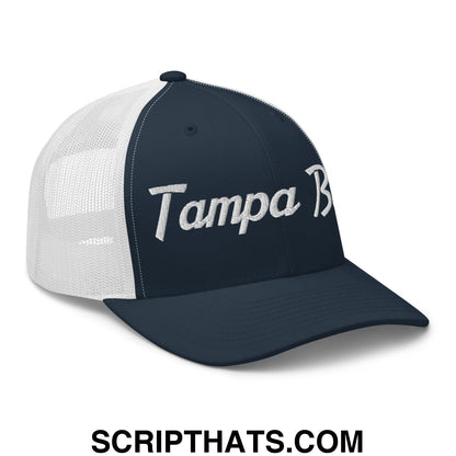 Tampa Bay Vintage Sports Script Embroidered Mesh Trucker Hat Navy White